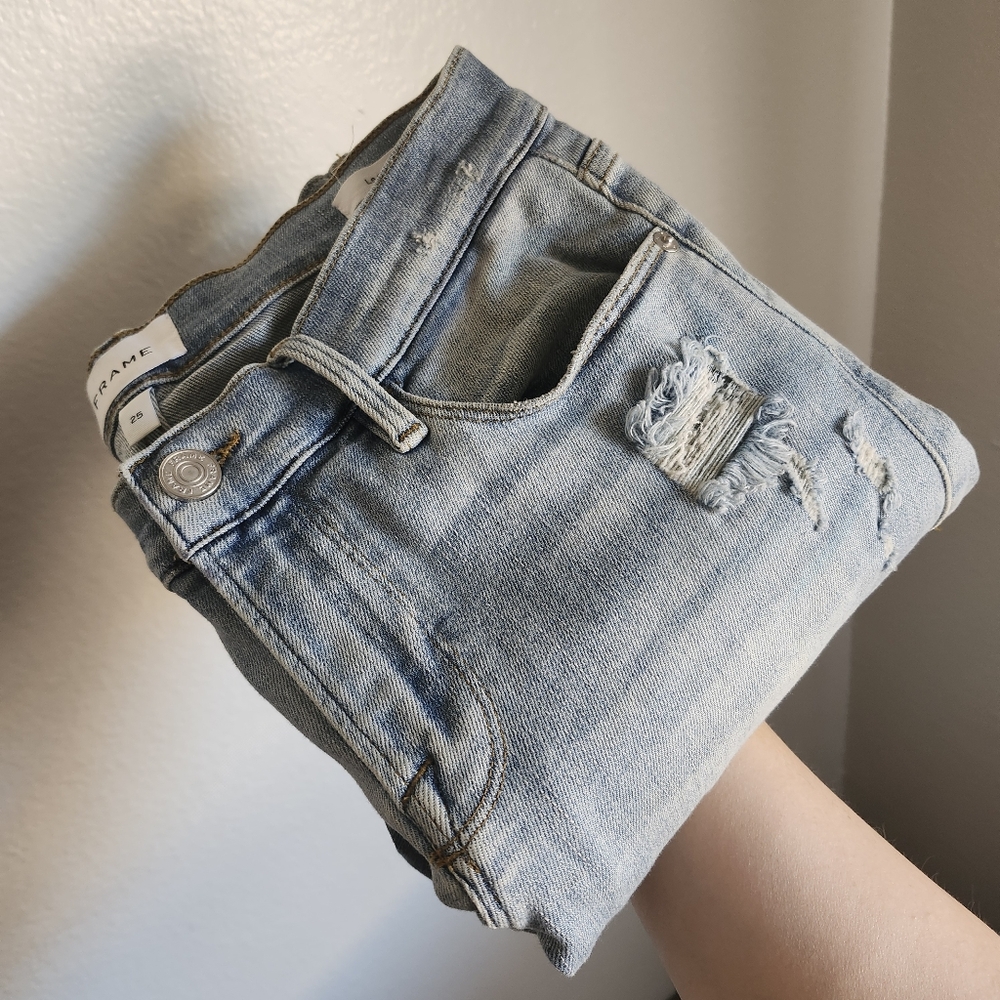 FRAME Le Garcon Jeans 25 Light Wash Distressed Slim Boyfriend Stretch Denim